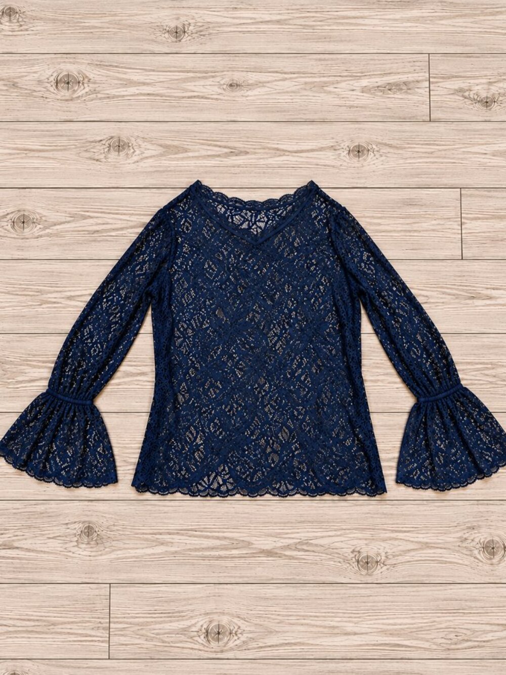 Pleione Size L Navy Blue Lace Bell Sleeve Blouse Sheer Boho Top
